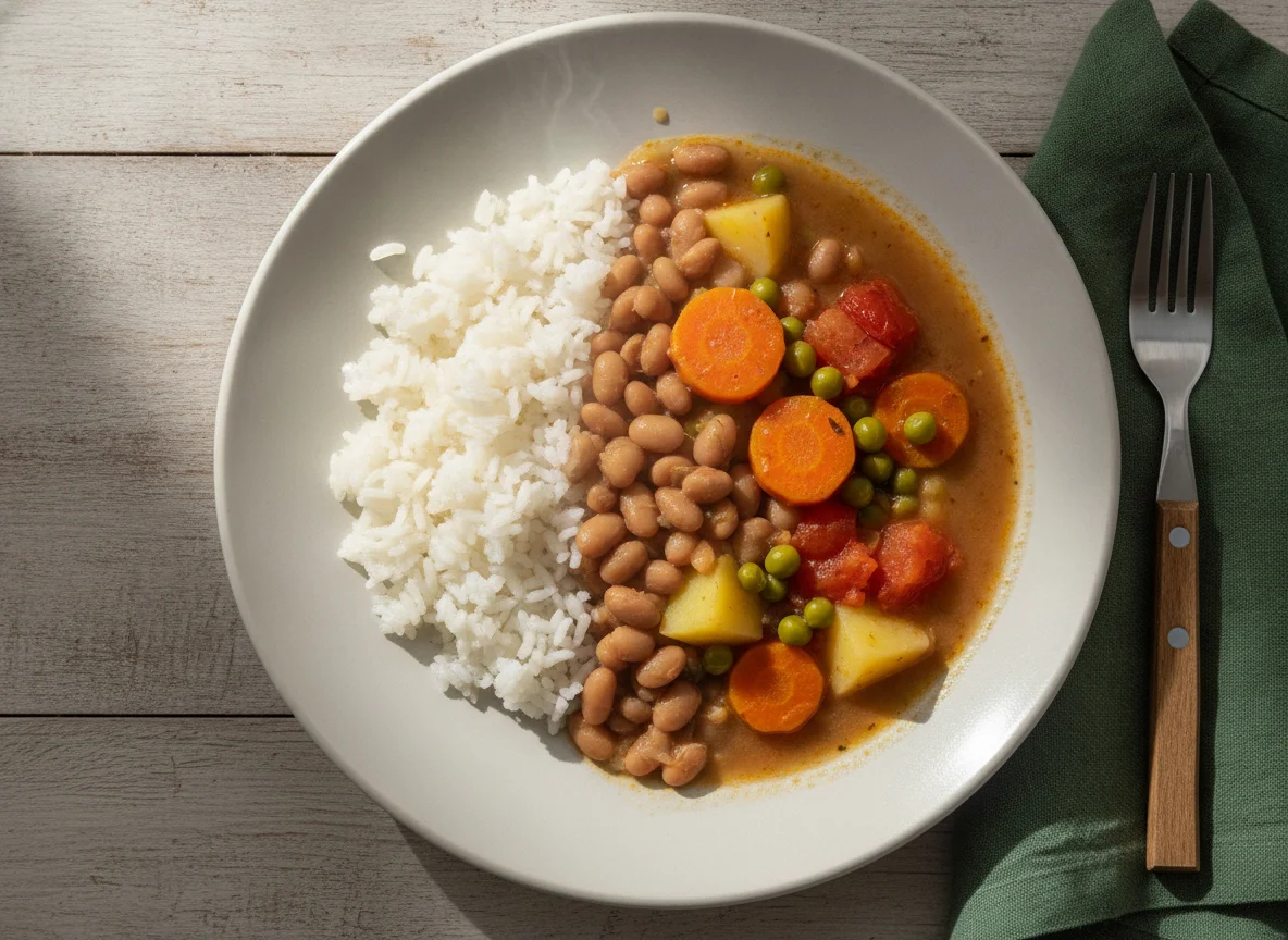 Arroz, feijão e ensopado de legumes photo