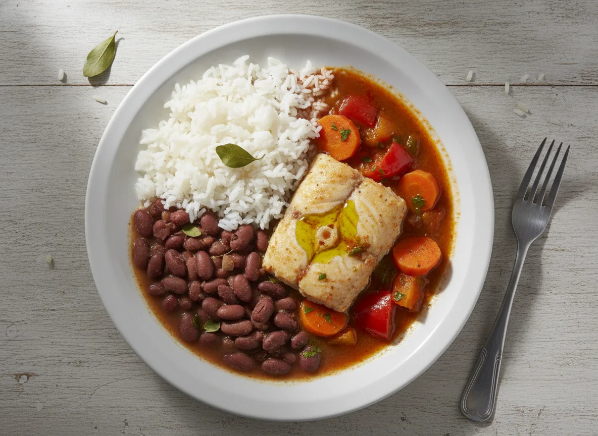 Arroz, feijão e ensopado de peixe com legumes photo
