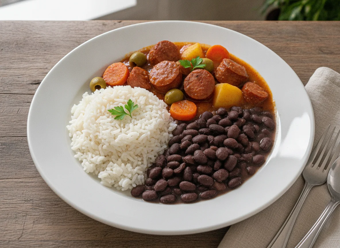 Arroz, feijão e ensopado de salsicha com batata photo
