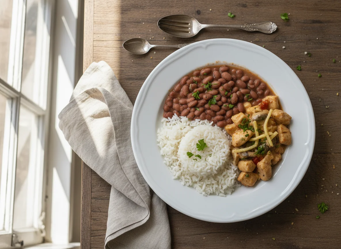 Arroz, feijão e estrogonofe de frango photo