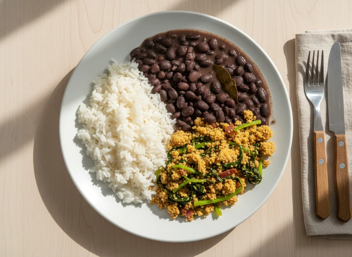 Arroz, feijão e farofa com couve photo
