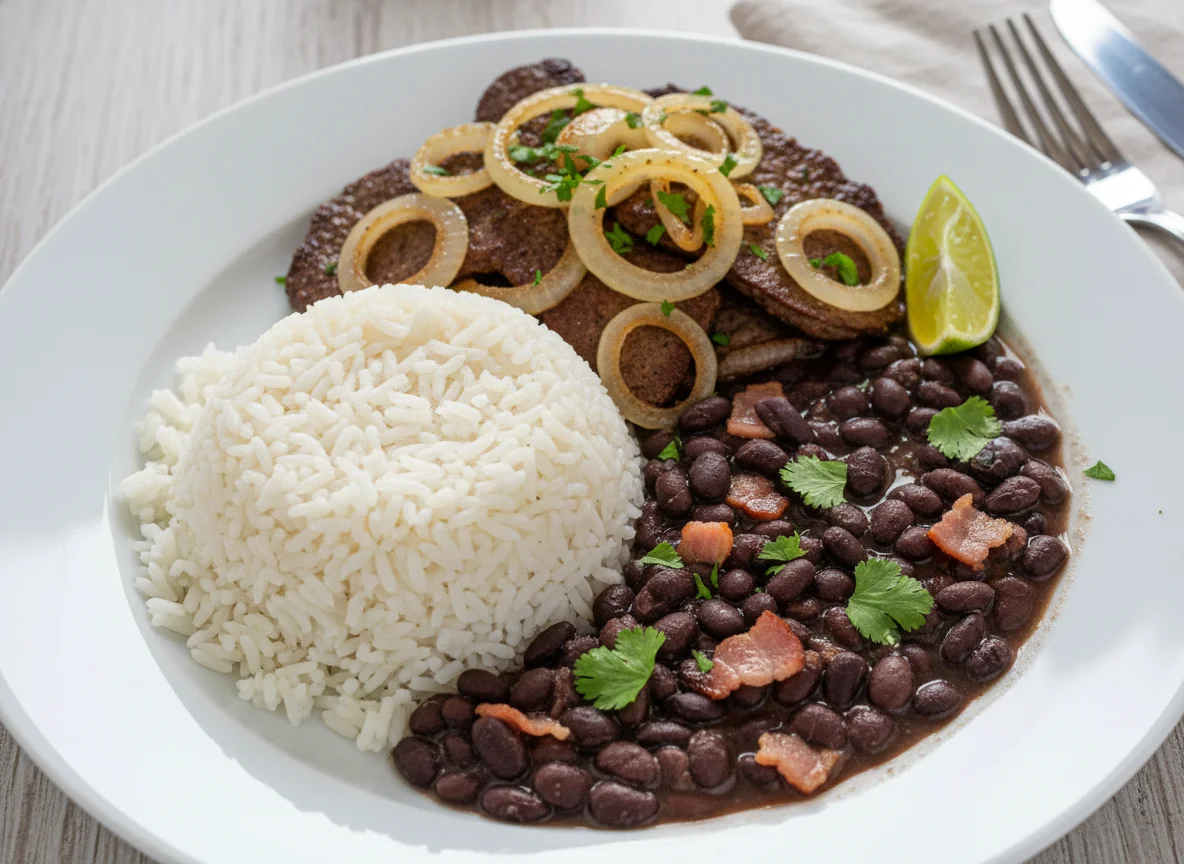 Arroz, feijão e fígado acebolado photo