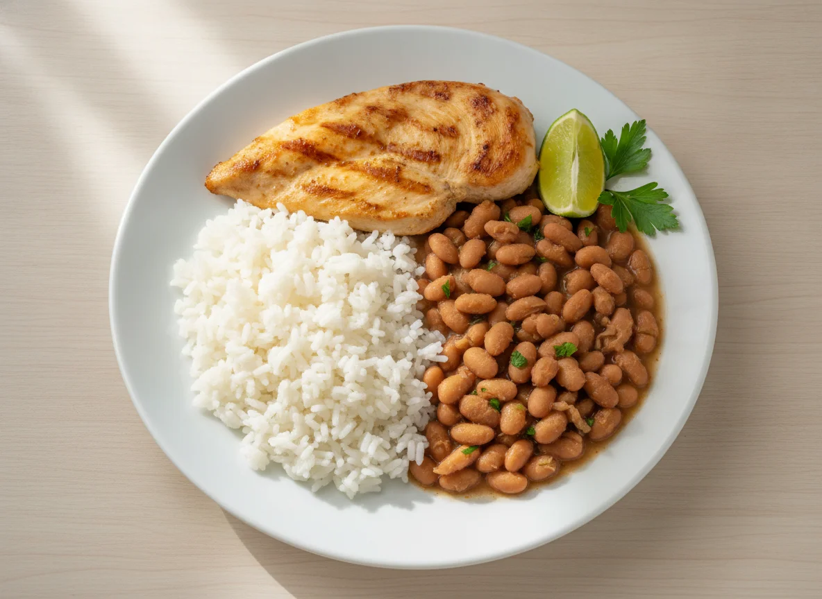 Arroz, feijão e filé de frango grelhado photo