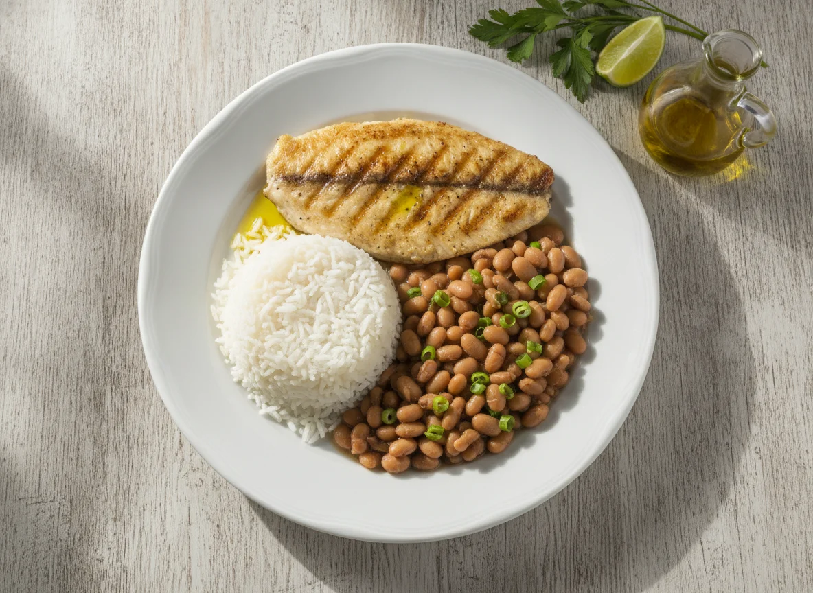Arroz, feijão e filé de peixe grelhado photo