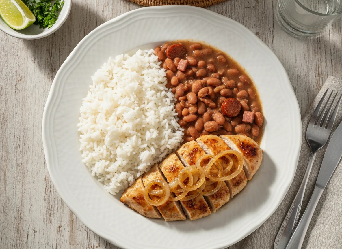 Arroz, feijão e frango acebolado photo
