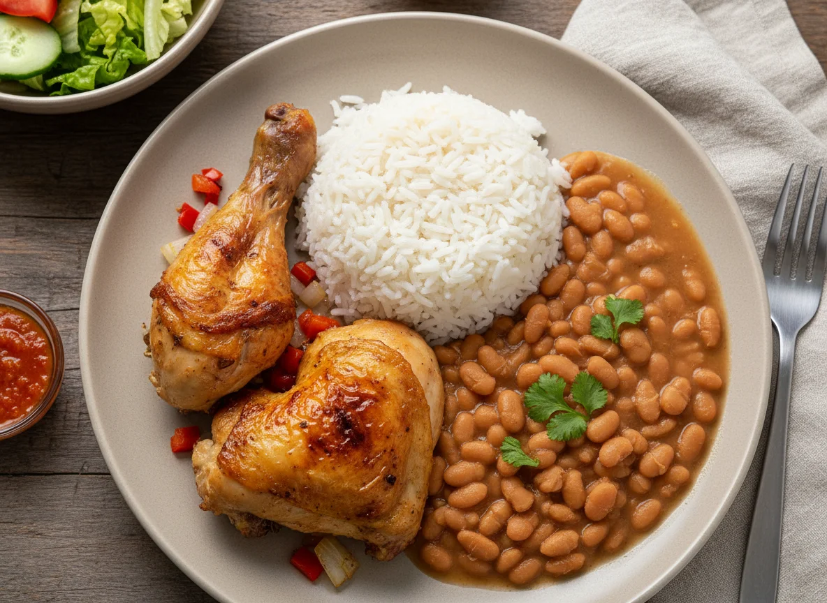 Arroz, feijão e frango assado photo