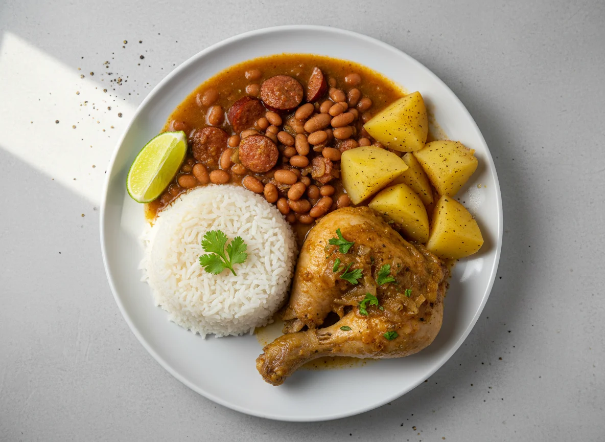 Arroz, feijão e frango com batata photo