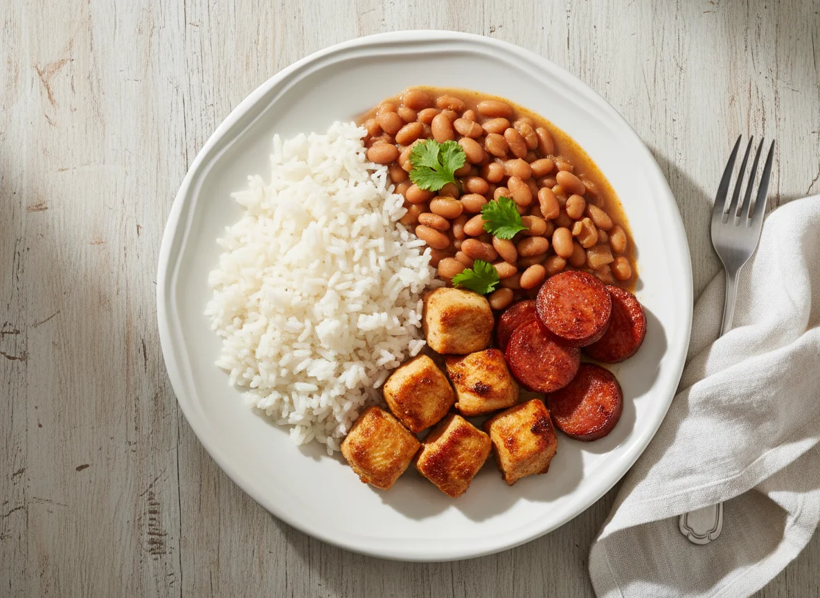 Arroz, feijão e frango com linguiça photo