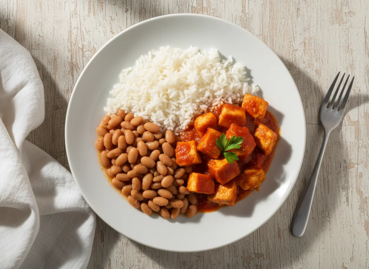 Arroz, feijão e frango com molho photo