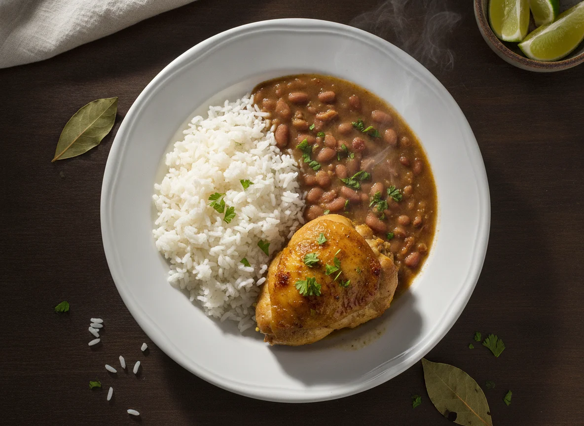 Arroz, feijão e frango cozido photo