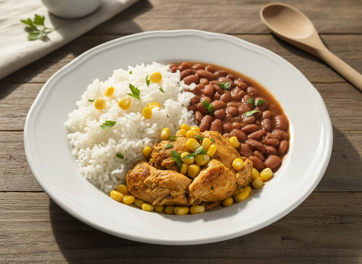 Arroz, feijão e frango desfiado photo