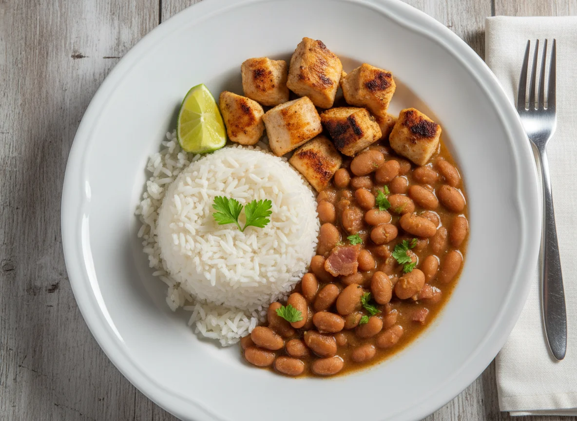 Arroz, feijão e frango em cubos photo