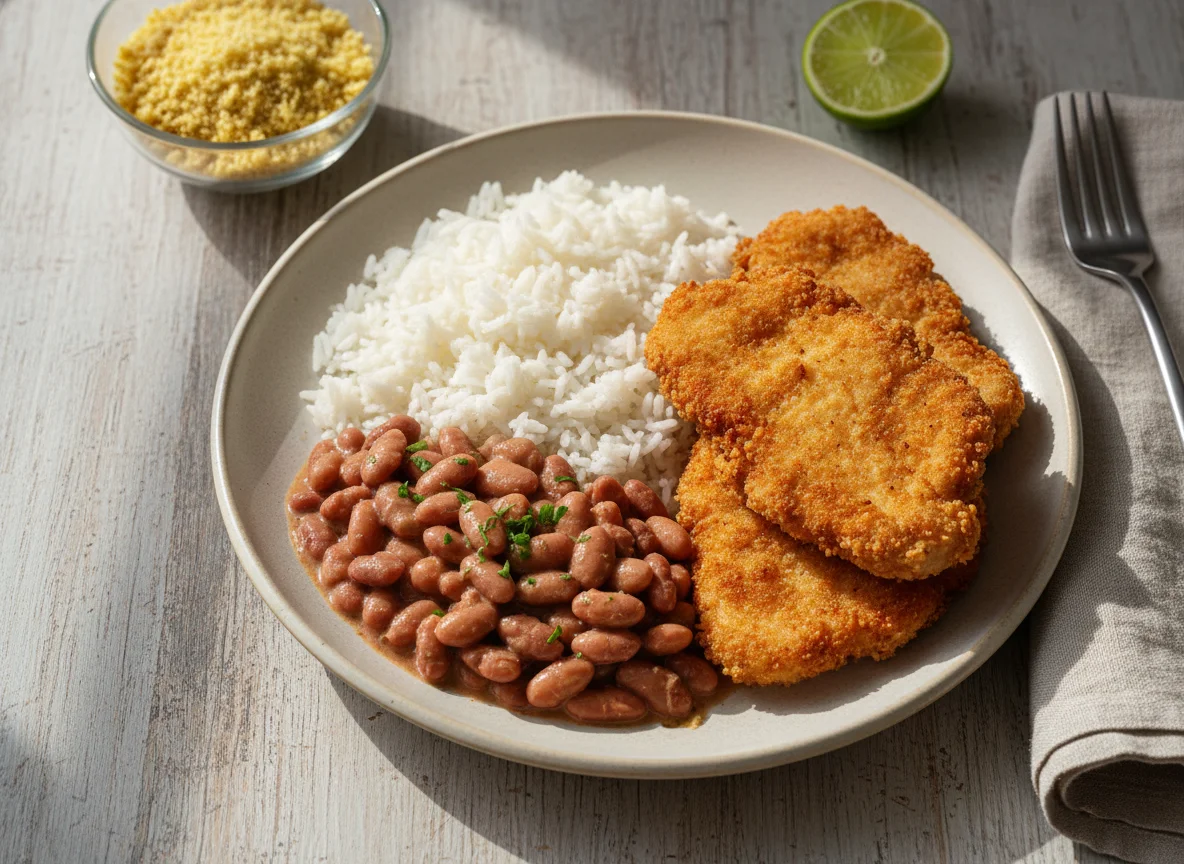 Arroz, feijão e frango empanado photo