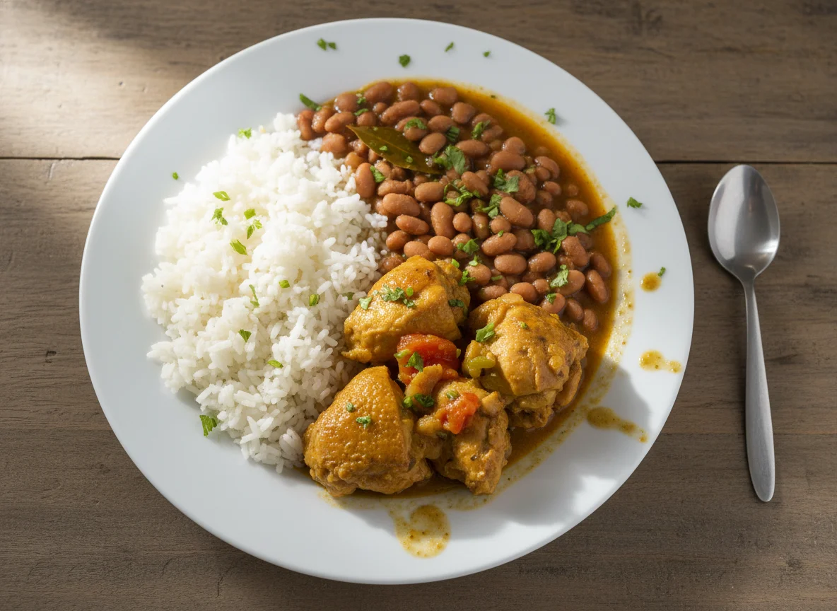 Arroz, feijão e frango ensopado photo