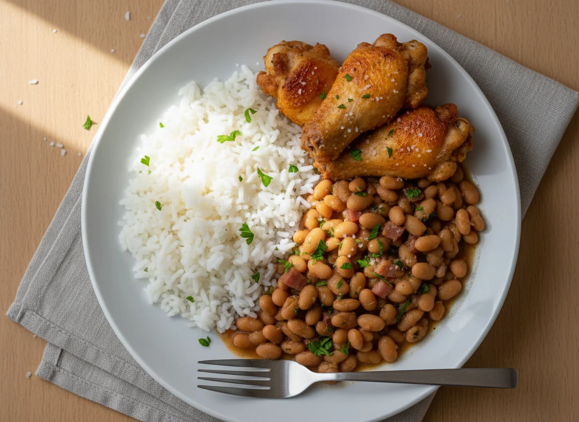 Arroz, feijão e frango frito photo