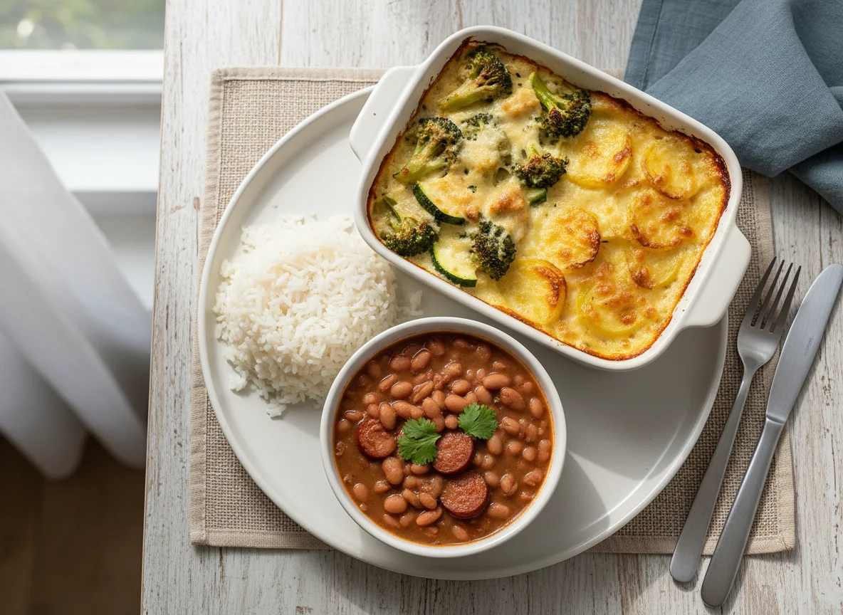 Arroz, feijão e gratinado de legumes photo