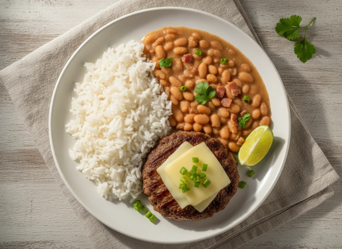Arroz, feijão e hambúrguer photo