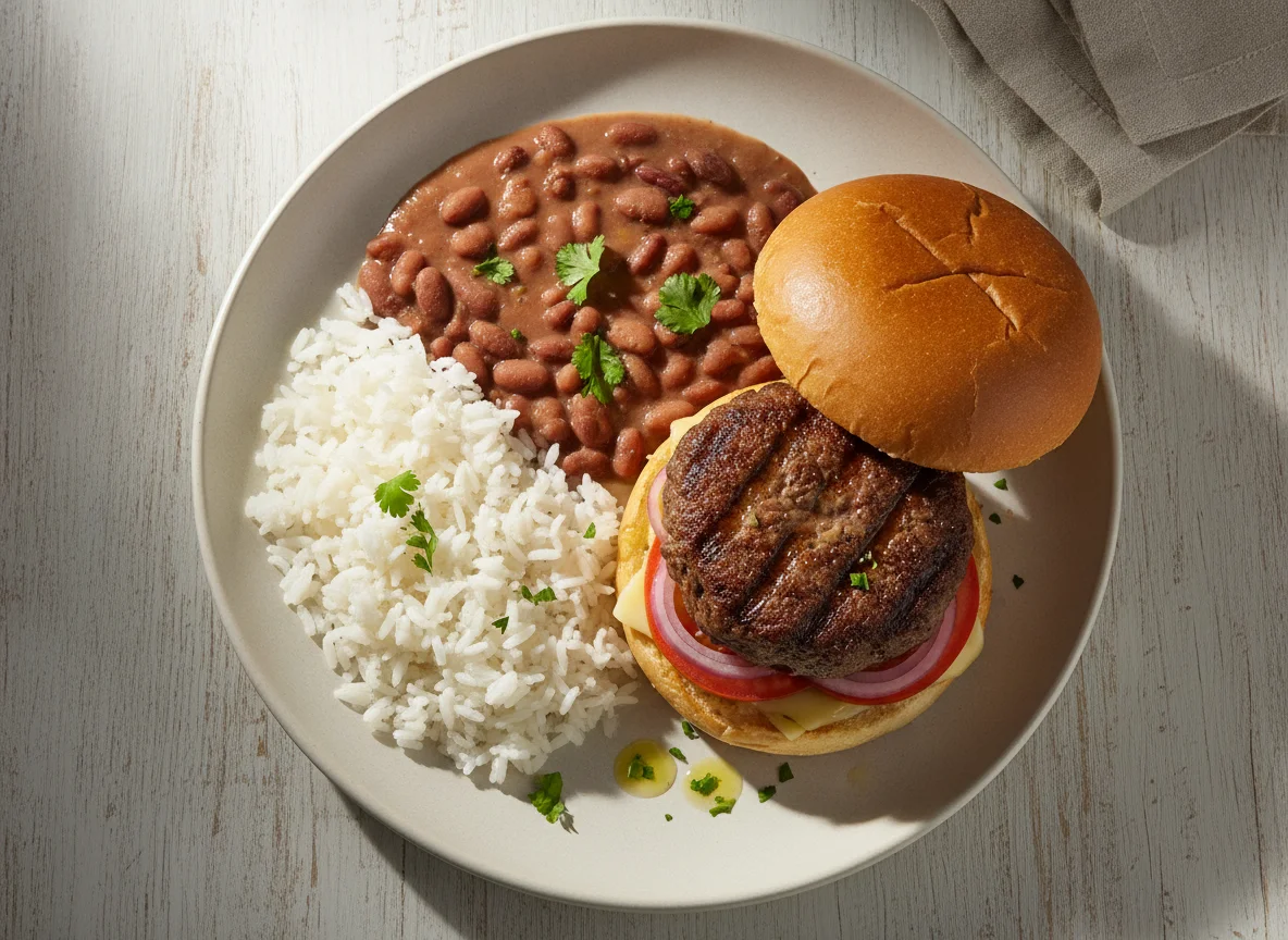 Arroz, feijão e hambúrguer caseiro photo