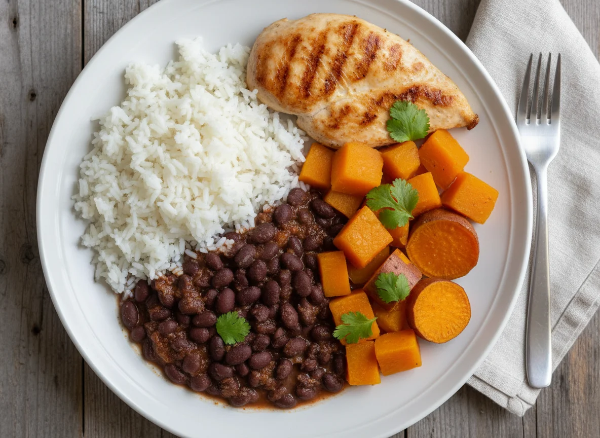 Arroz, feijão e legumes com carne photo