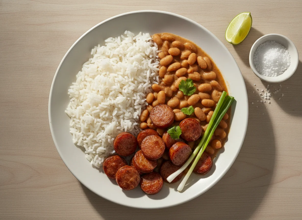 Arroz, feijão e linguiça calabresa photo