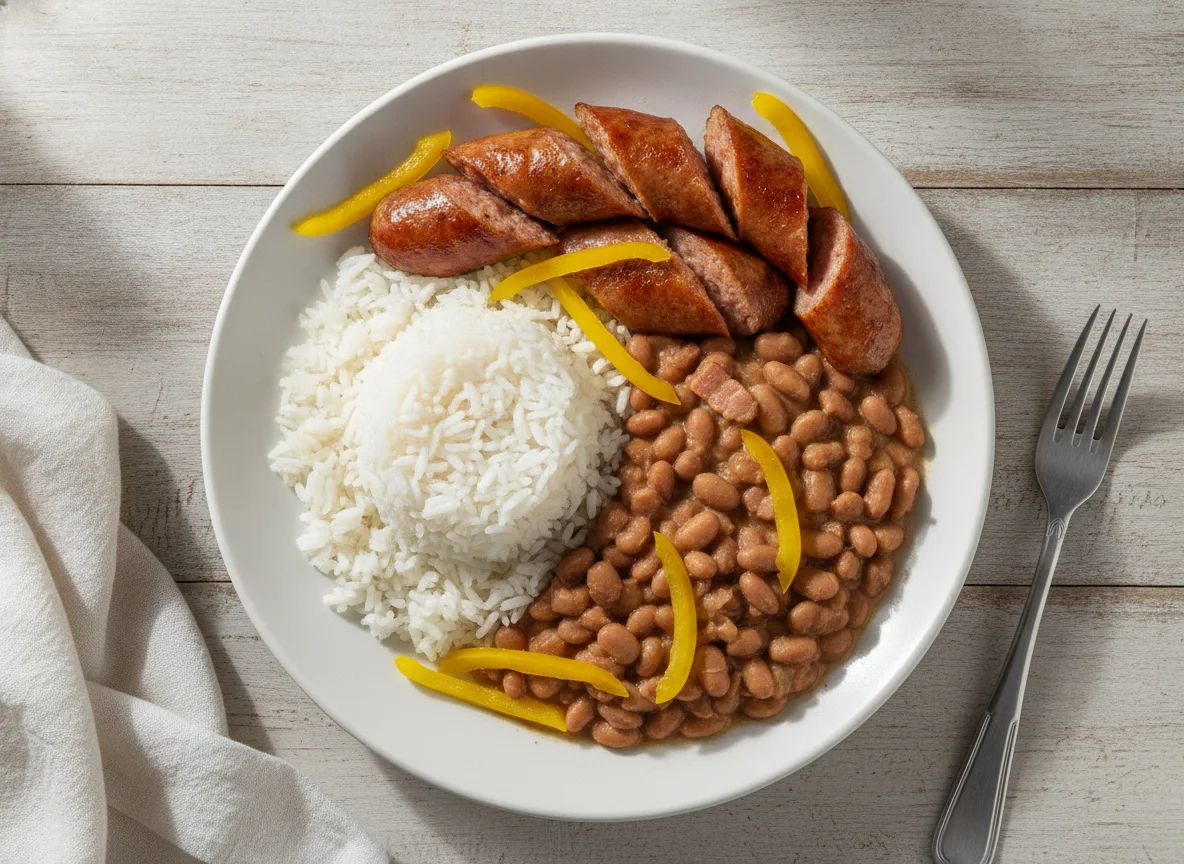 Arroz, feijão e linguiça frita photo