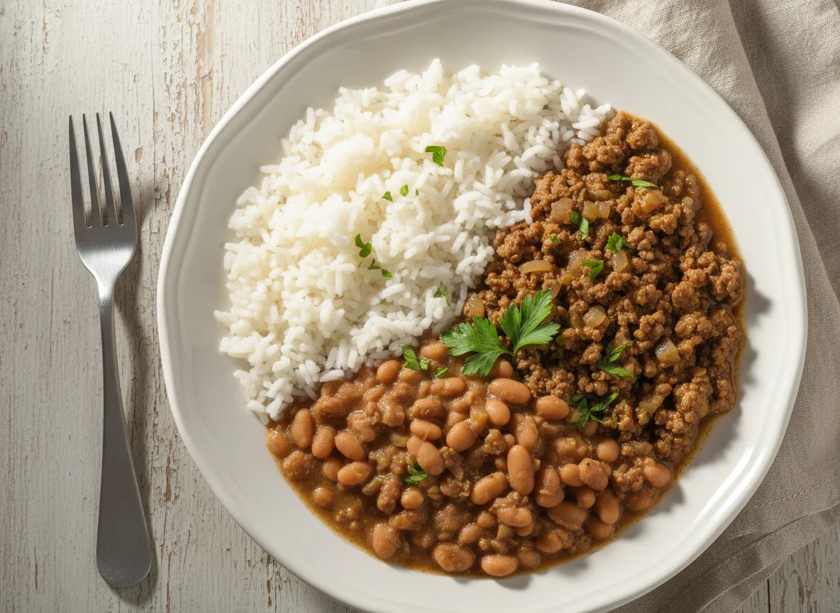 Arroz, Feijão e Molho de Carne Moída photo