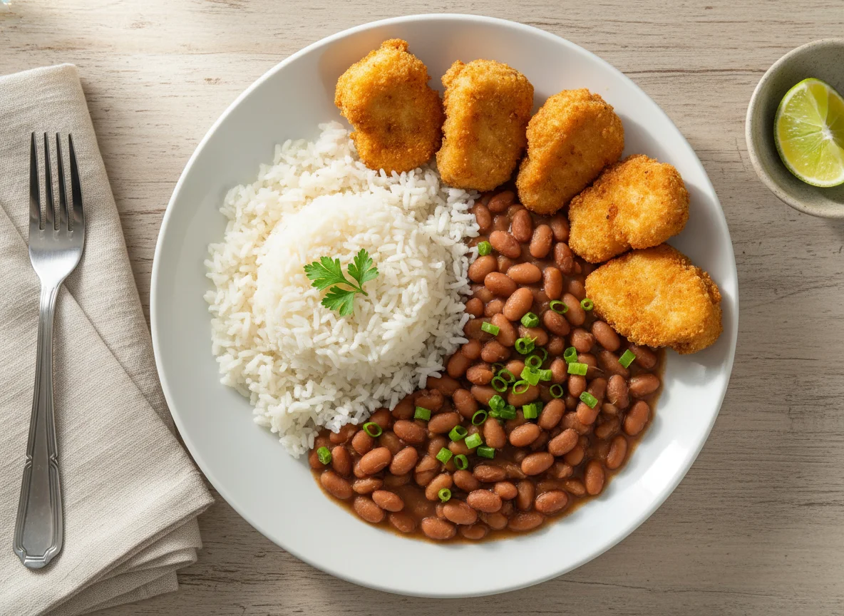 Arroz, feijão e nuggets de frango photo