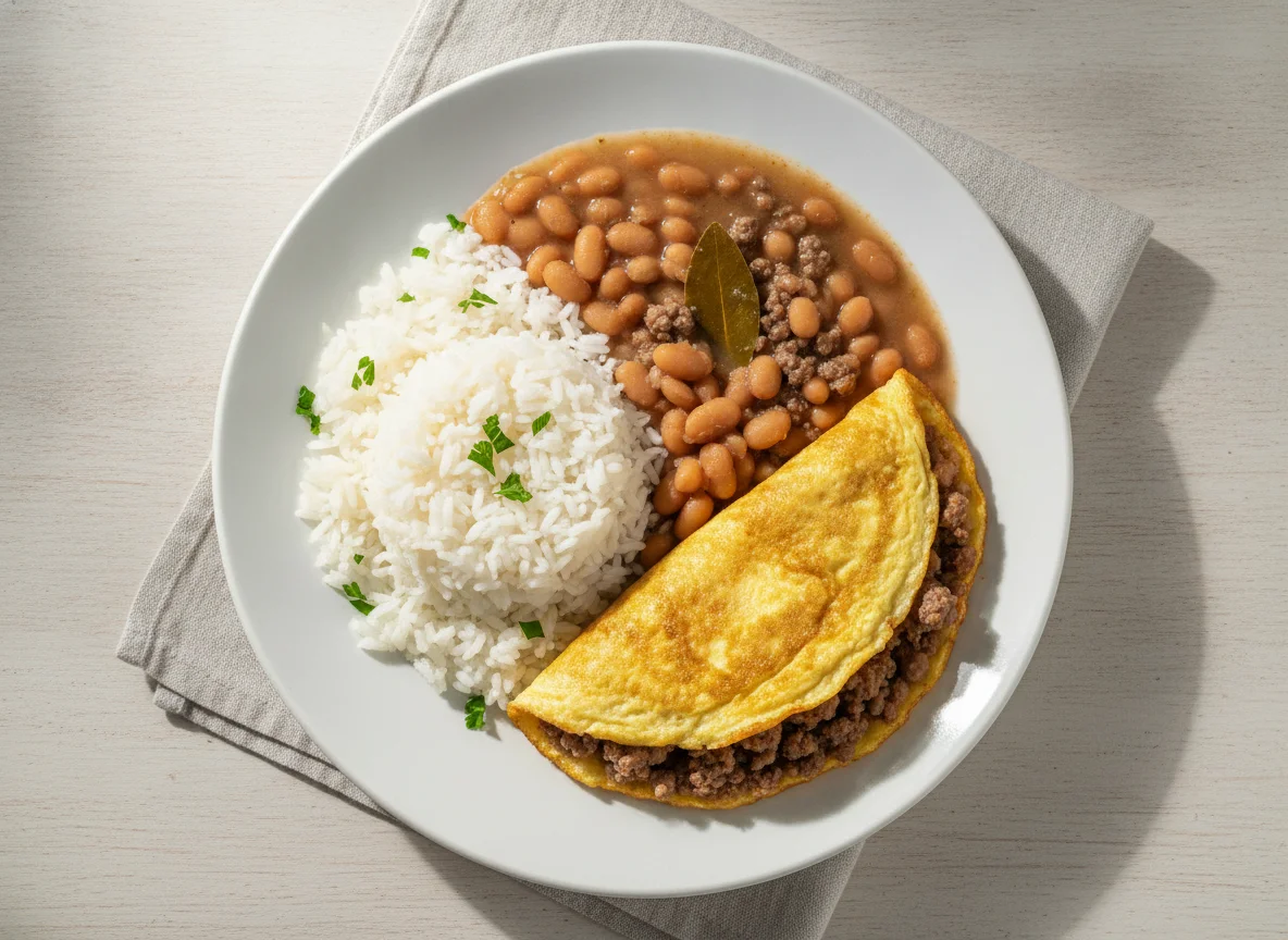 Arroz, feijão e omelete de carne photo