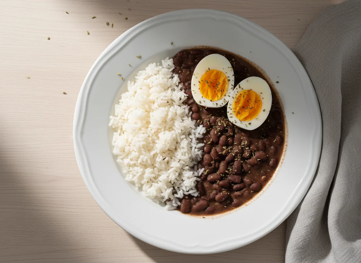 Arroz, feijão e ovos cozidos photo