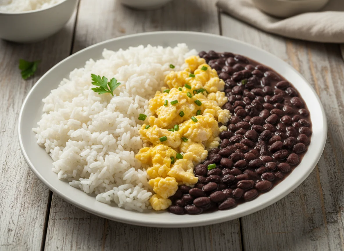 Arroz, feijão e ovos mexidos photo