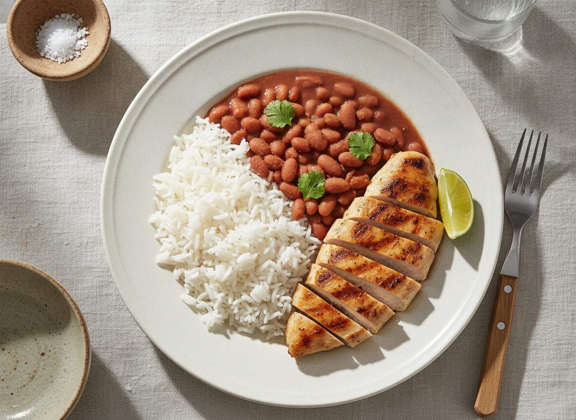 Arroz, feijão e peito de frango grelhado photo