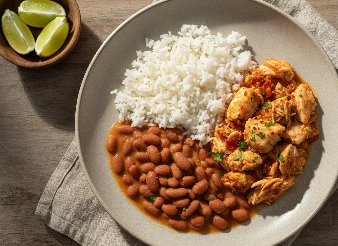 Arroz, feijão e peixe desfiado photo