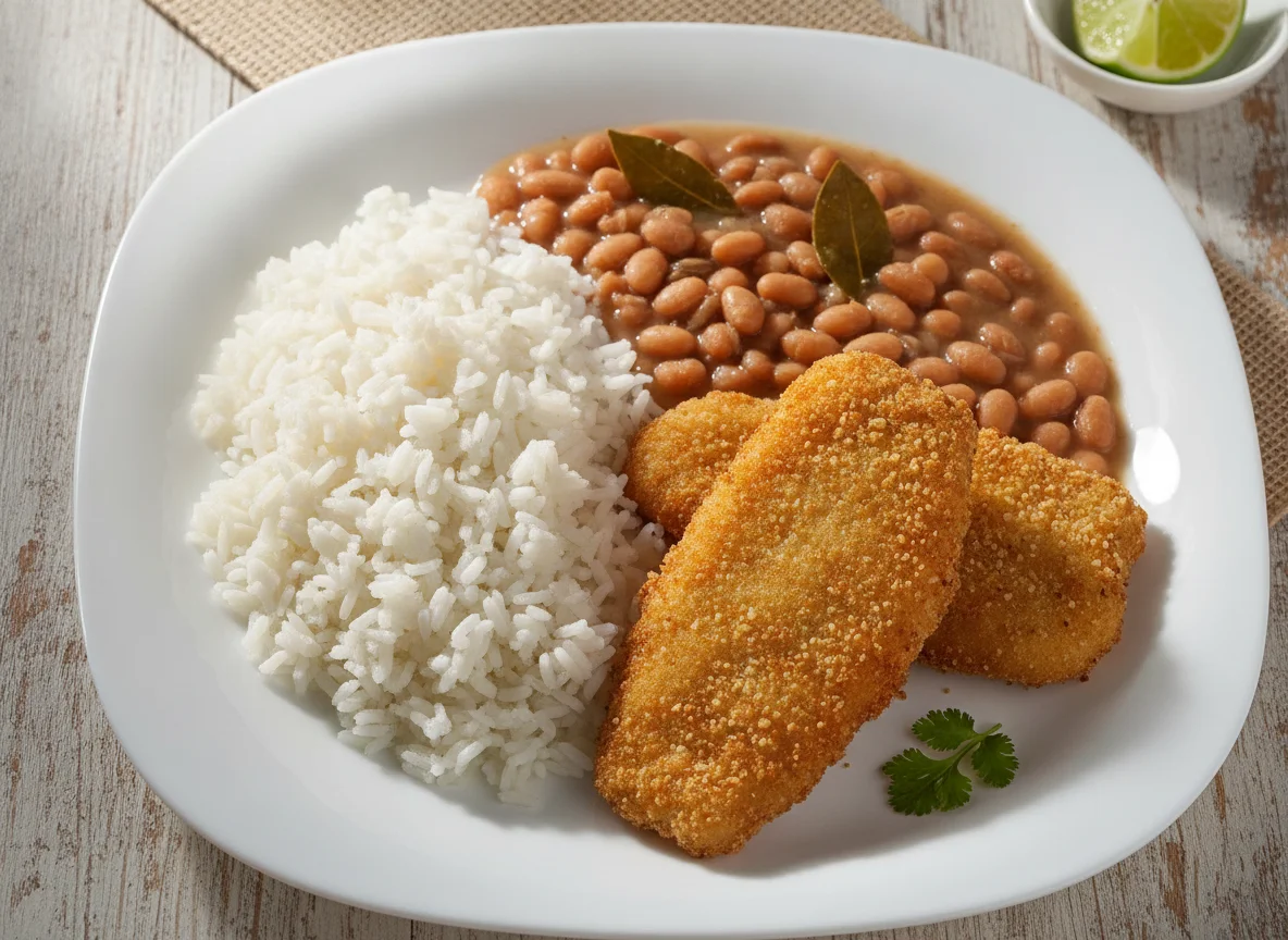 Arroz, feijão e peixe empanado photo