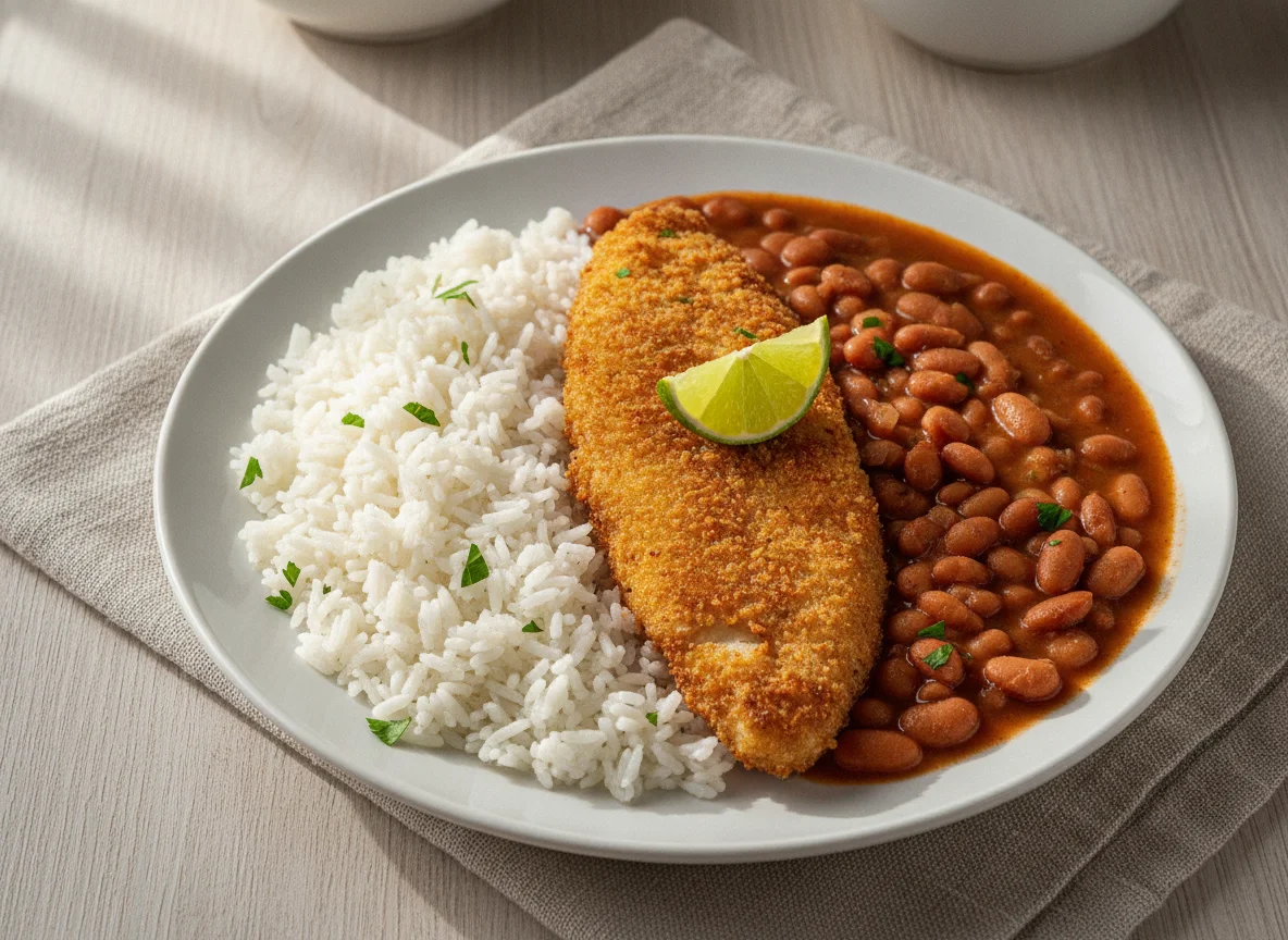 Arroz, feijão e peixe frito photo