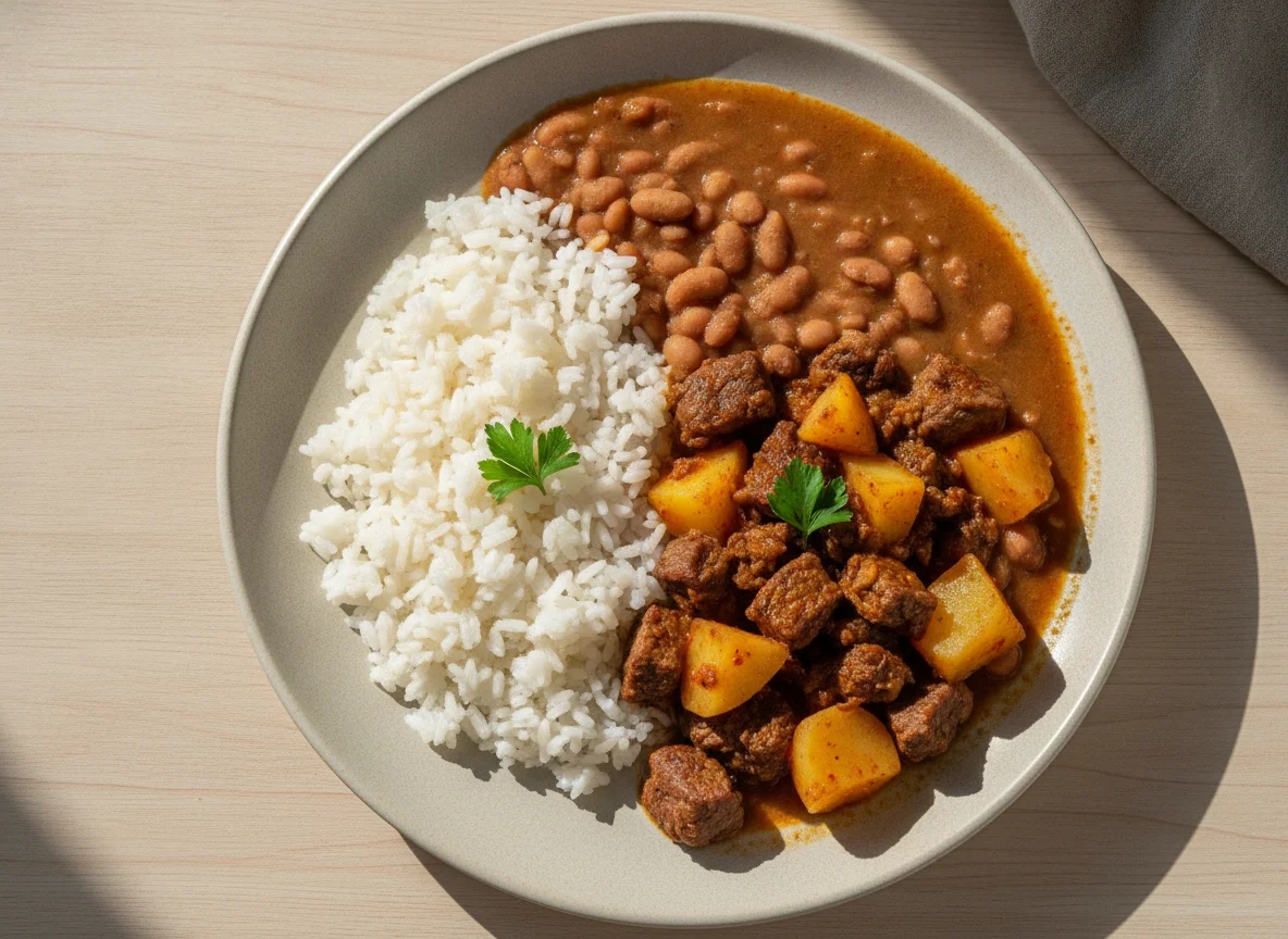 Arroz, feijão e picadinho de carne com batata photo