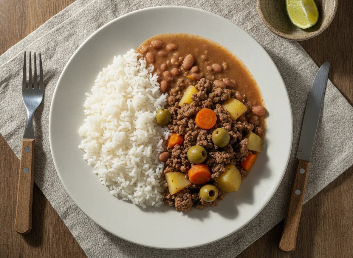 Arroz, feijão e picadinho de carne com legumes photo