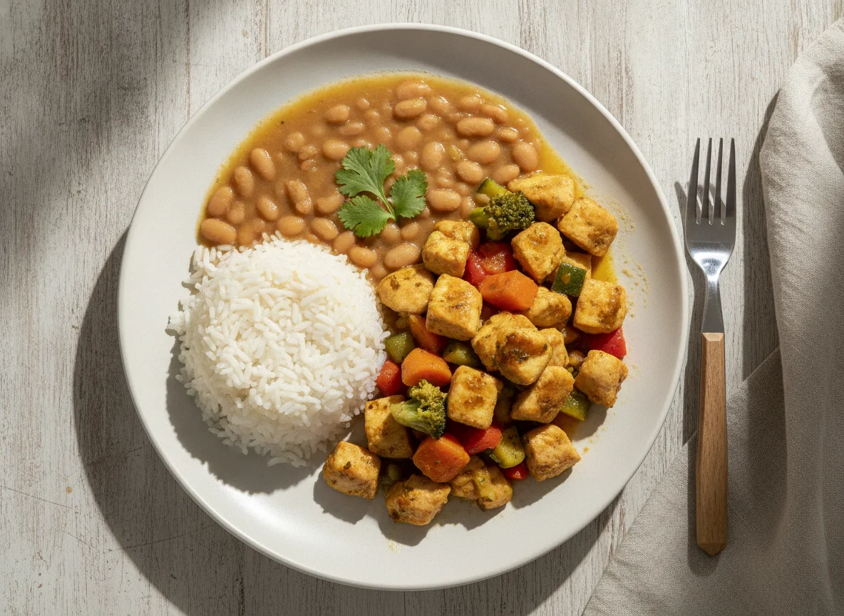 Arroz, feijão e picadinho de frango com legumes photo