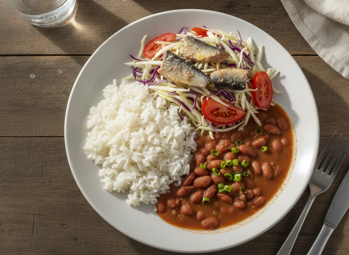 Arroz, feijão e salada de repolho com sardinha photo