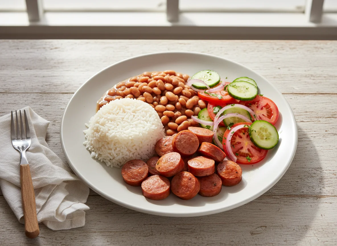 Arroz, feijão e salsicha com salada photo