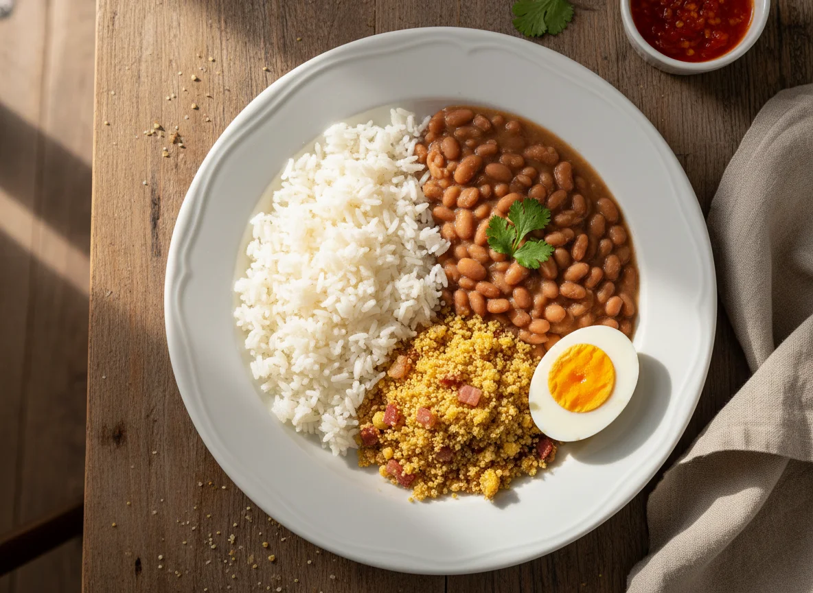 Arroz, feijão, farofa e ovo cozido photo