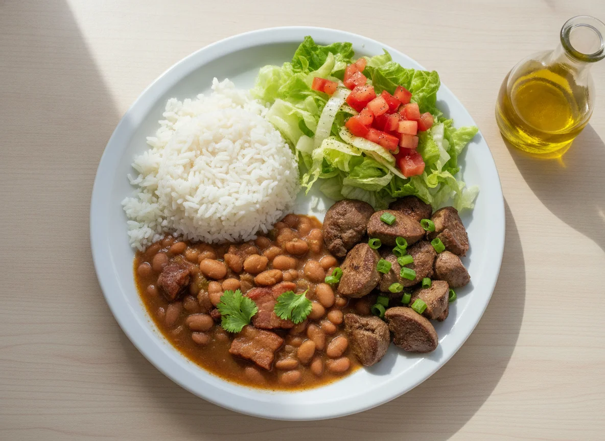 Arroz, feijão, fígado de galinha e salada photo