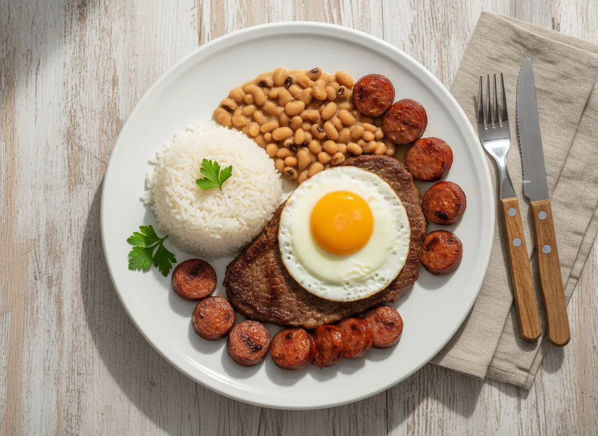 Arroz, feijão fradinho, bife, ovo frito e linguiça photo