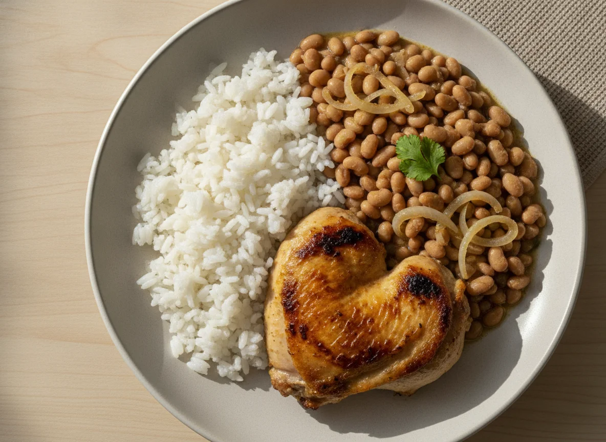 Arroz, feijão fradinho e frango grelhado photo