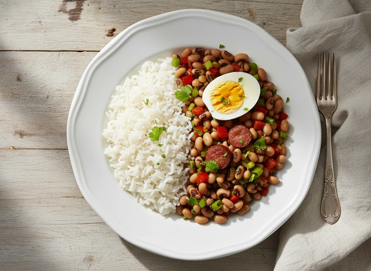 Arroz, feijão fradinho e ovo cozido photo