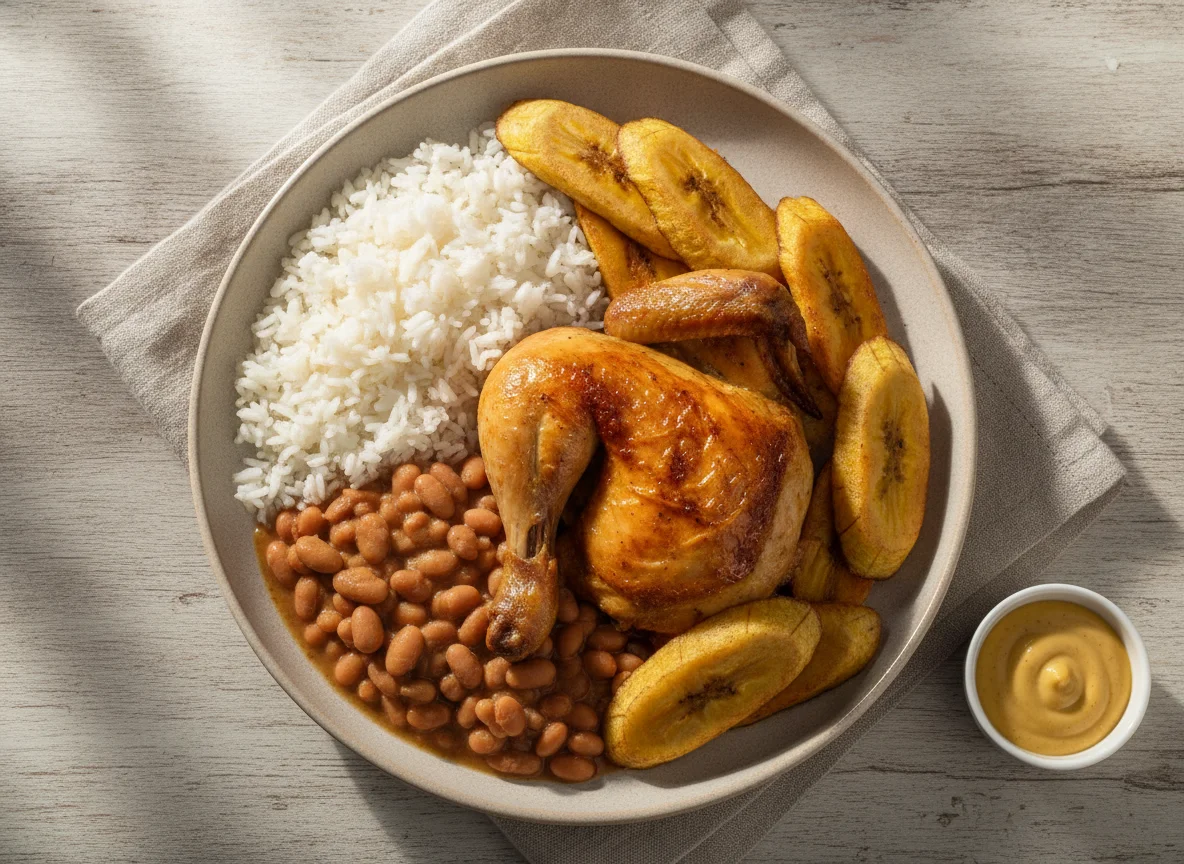 Arroz, feijão, frango assado e banana frita photo