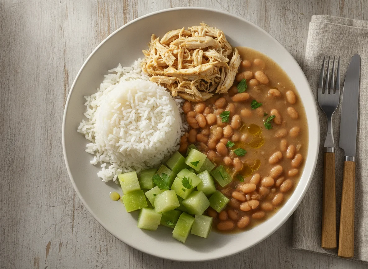 Arroz, feijão, frango desfiado e chuchu photo
