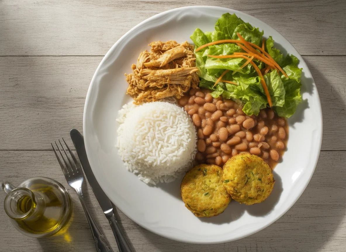 Arroz, feijão, frango desfiado, salada e bolinhos photo