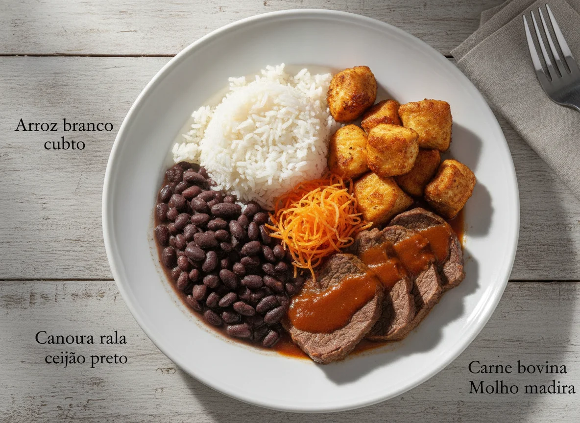 Arroz, feijão, frango e carne com molho photo
