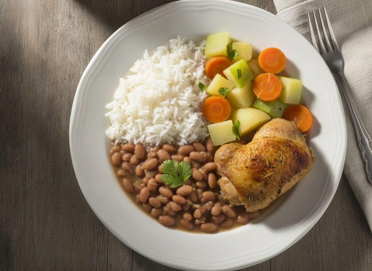 Arroz, feijão, frango e legumes cozidos photo