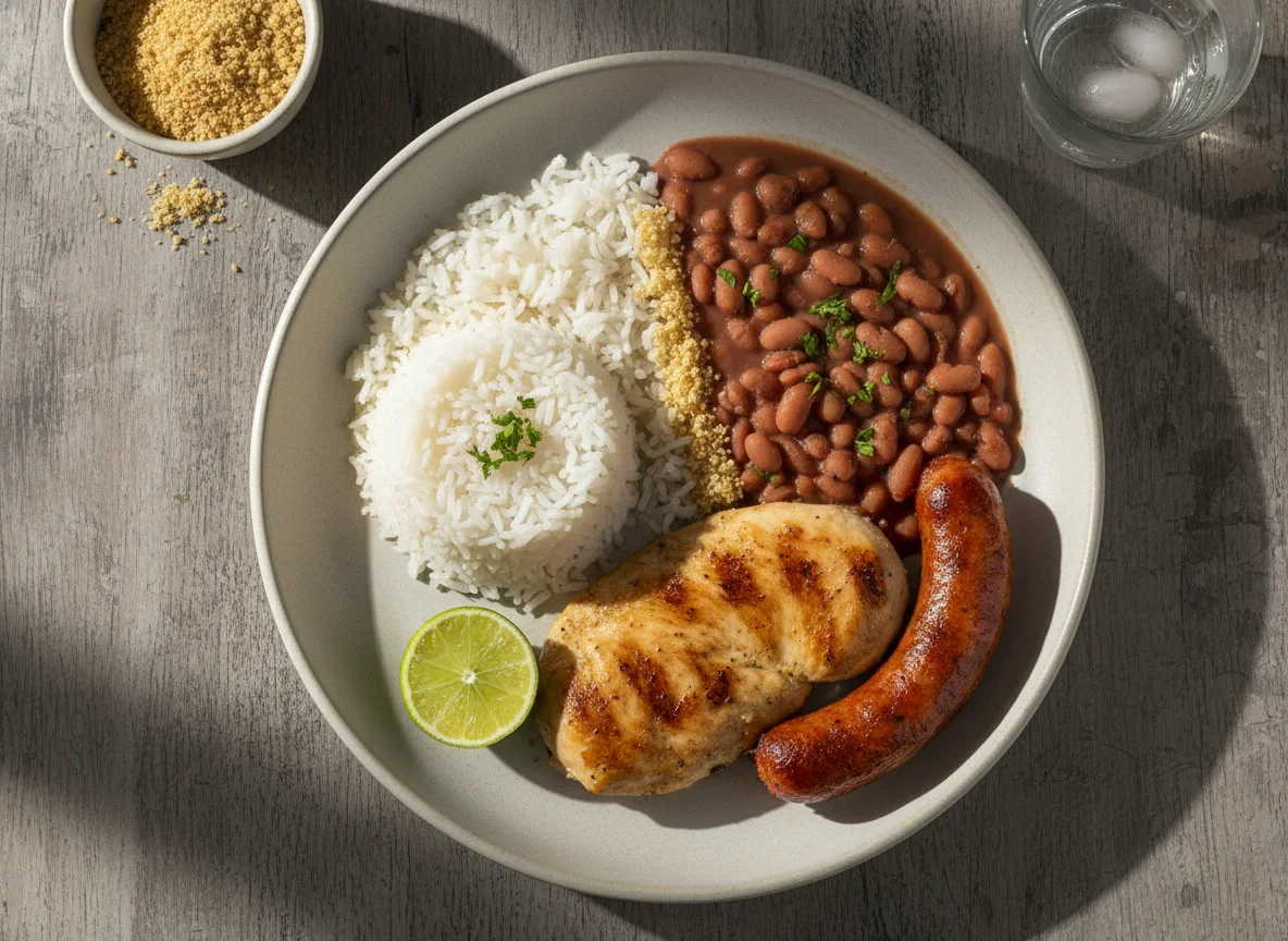 Arroz, feijão, frango e linguiça photo